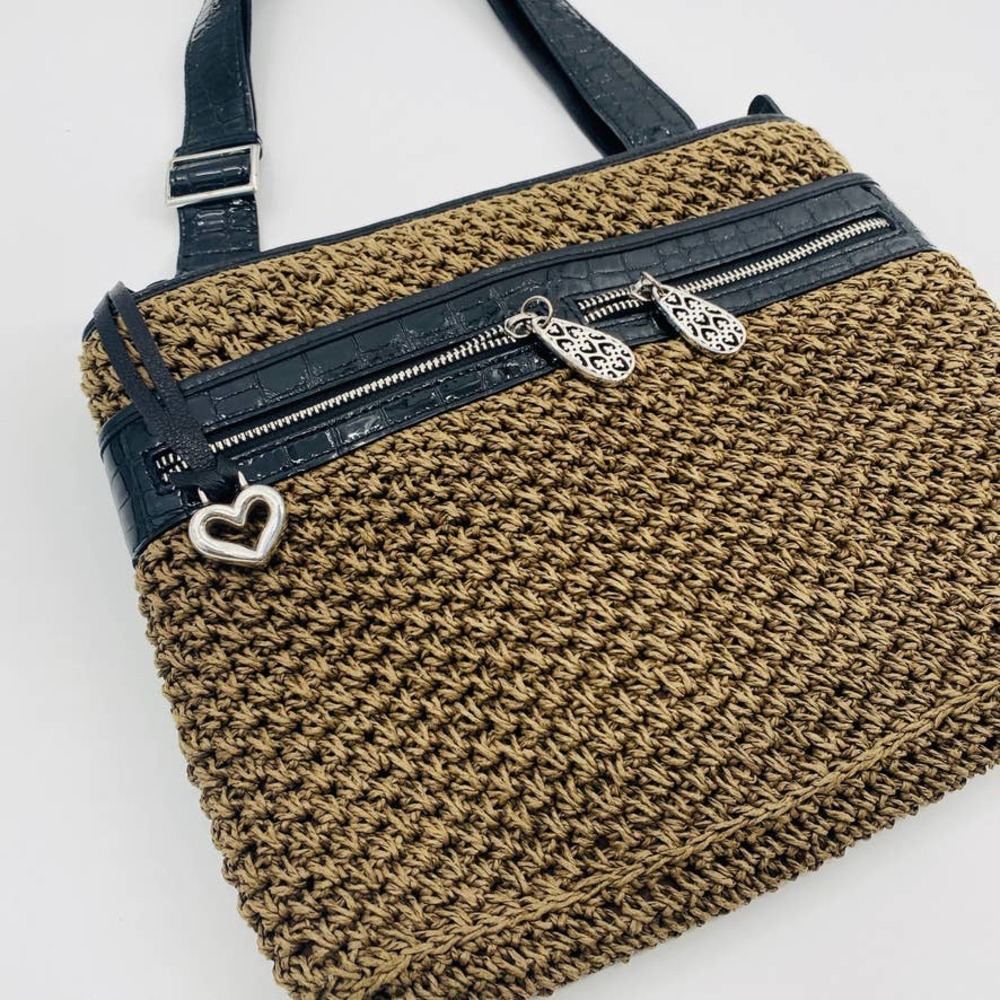 Brighton Brown Black Woven Straw and Leather Messenger Shoulder Bag - Picture 4 of 11
